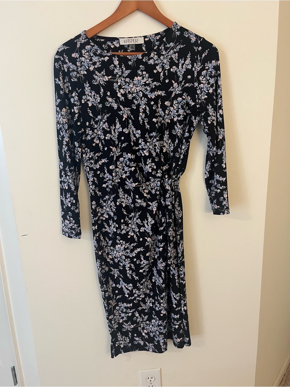 Kasper Black Navy Floral Long-Sleeve Tie-Waist Midi Dress